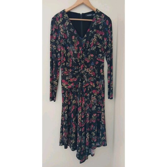 New Lauren Ralph Lauren Surplice Jersey Dress Size 6 Black Floral Midi L/S Work - Picture 1 of 11